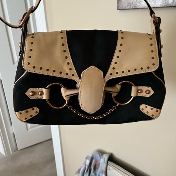 Gucci Black and Tan Studded Shoulder Bag - Picture 1 of 4